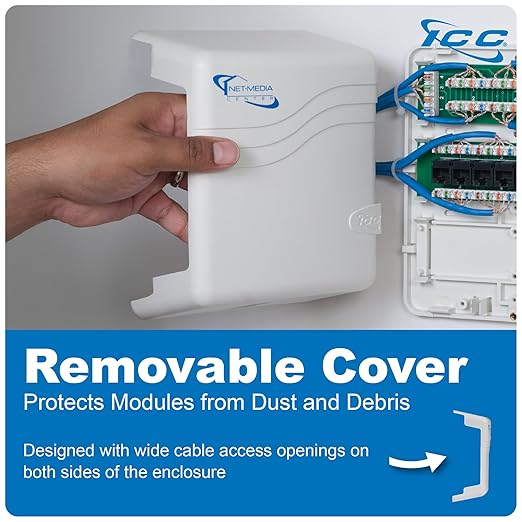 ICC Compact Plastic Structured Media Enclosure, Small Media Enclosure Box with CAT5e 8-Port PoE++, 1x8 Bridged Telephone, & 1x4 Video, 7.5 x 6.5 x 3.5 Inch, UL Listed TAA Compliant, ICRDSMMBK1