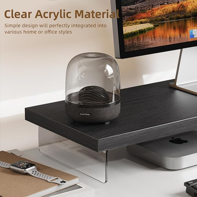 SSWOOD Monitor Stand Riser, Wood & Acrylic Computer Monitor Stand Desk Desktop Organizer Table for Home, Office Workspace, Laptop Riser, Printer, PC & TV Screen Riser