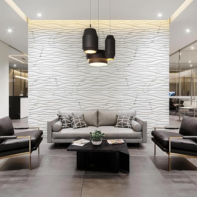 STICKGOO Wave Wall Panels for Interior Wall Decor, White Marble Mixed Gold Thread 3D Wall Panels Accent Wall, Decorative PVC Panels for Living Room Bedroom TV Background