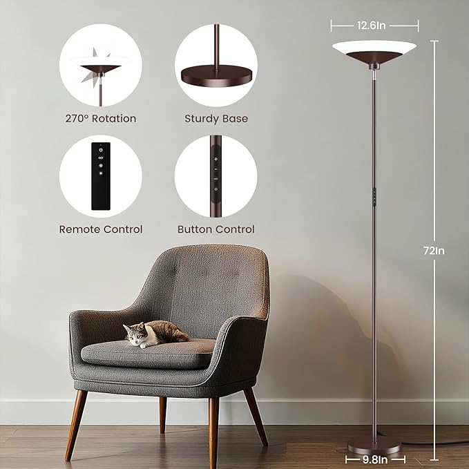 SIBRILLE Brown Torchiere Floor Lamp - 30W Dimmable LED Standing Lamp with Remote, 4 Color Temps, Stepless Dimming, 3000-6500K, 1800LM, 72in Tall Floor Light for Office Bedroom Living Room Corner
