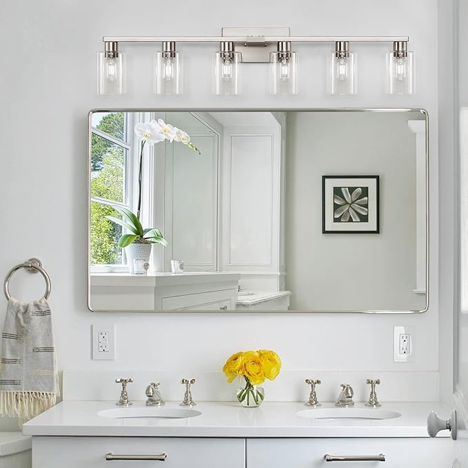SOPEAS 6-Light Bathroom Light Fixtures, Vanity with Clear Glass, Brushed Nickel Lighting Fixtures Over Mirror, 42inch Large Lights for Bathroom