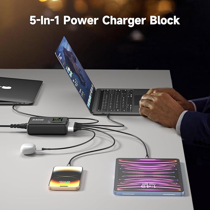 240W GaN Charger, 5-Port USB C Charger with 140W Max PD 3.1 Port, LED Display Desktop Charging Station Adapter for MacBook Pro/Air M3/M2/M1, Laptops, iPhone 15/14, Galaxy S24/S23, iPad, Steam Deck