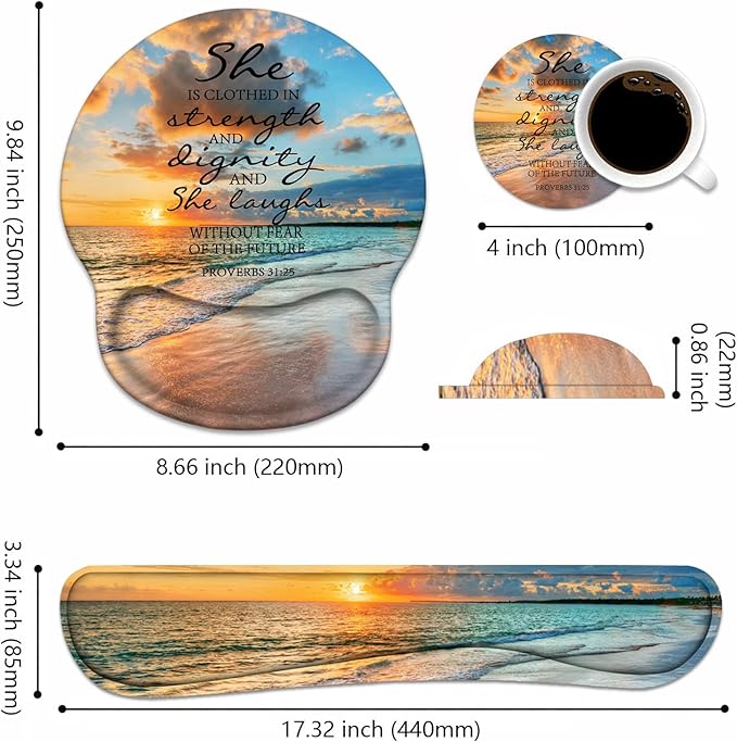 Keyboard Wrist Rest + Mouse Pad Wrist Support Set with Coasters, Non-Slip PU Base Ergonomic Mousepad for Home Office Working Studying Easy Typing & Pain Relief, Bible Verses Proverbs 31:25