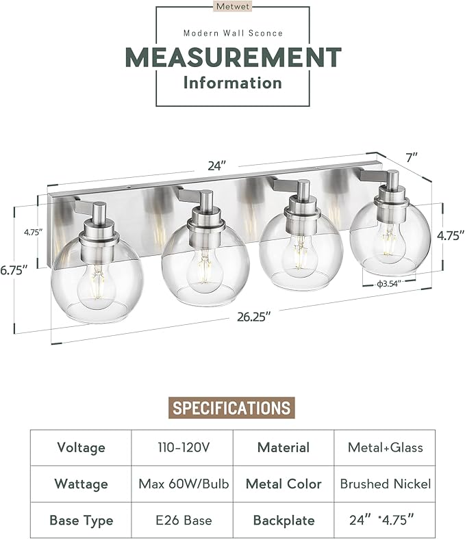 METWET Bathroom Light Fixtures, 4 Light Brushed Nickel Vanity Light, 26 Inch Modern Wall Sconces with Globe Clear Glass Shade, Vanity Lighting Fixtures Over Mirror, VL195-BN-CL-4