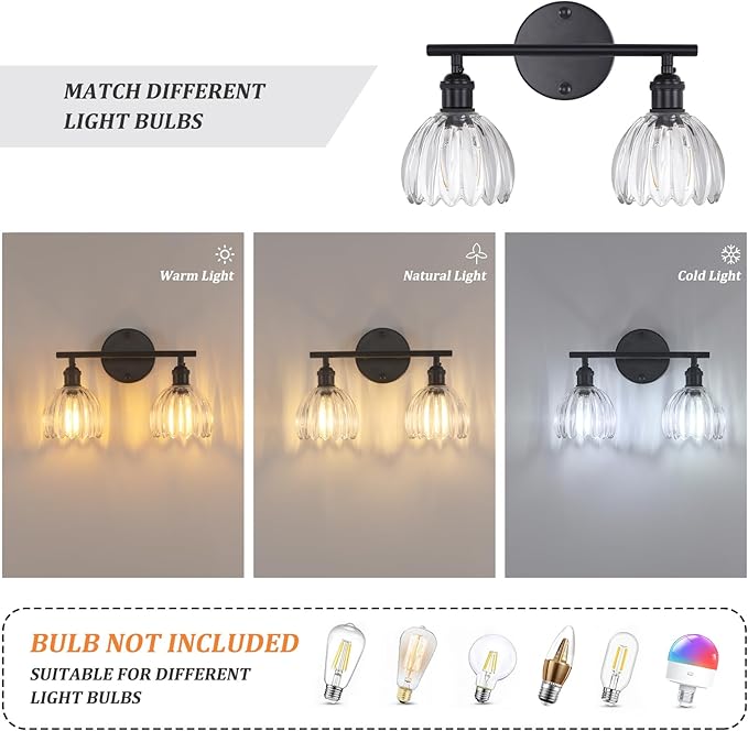 Shenmoyl Bathroom Light Fixtures, 2-Light Black Vanity Wall Light Over Mirror with Clear Tulip Glass Shade for Bedroom Living Room (Bulb Not Included)