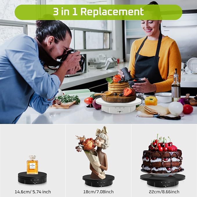 JAYEGT 3 in 1 Motorized Rotating Display Stand with 5.74/7.08/8.66 inch Replacement Cover，Max 22lbs Load , 3D Models, Cake -White
