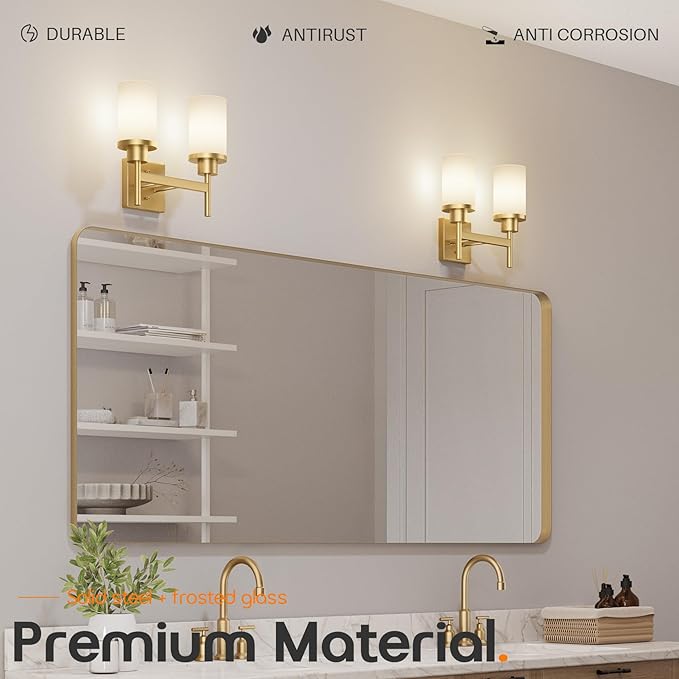 AONEON Vanity Lighting Fixtures with White Frosted Glass Shade, Double Wall Lamps for Bathroom Mirror Bedroom Living Room Washroom Porch, Gold T001GD-L2