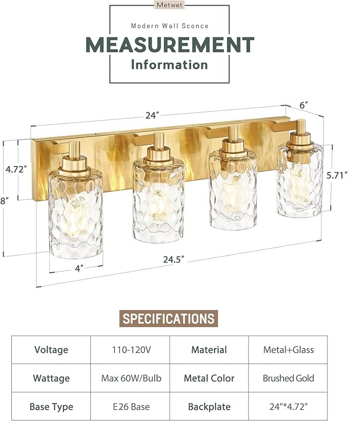 METWET 4-Light Bathroom Light Fixtures, 24.5 Inch Brushed Gold Vanity Lights with Clear Hammered Glass Cylinder Shade, Modern Vanity Lighting Fixture Over Mirror, VL198-BG-4