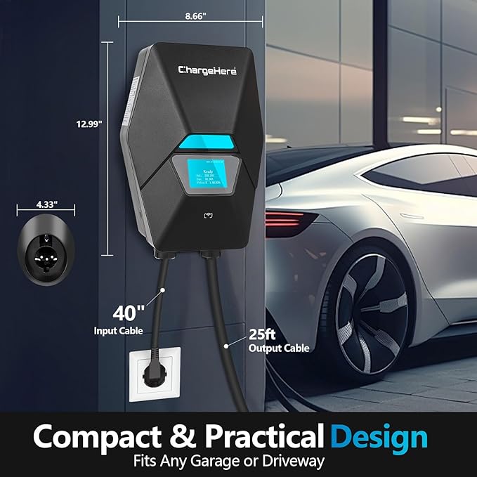 ChargeHere Level 2 EV Home Charger, 240V, 32A/40A | Real-Time Charging Speed Display + Status Light | Up to 7X Faster Charging | Indoor/Outdoor | Wi-Fi App Control | NEMA 14-50 | ETL Certified (40A)