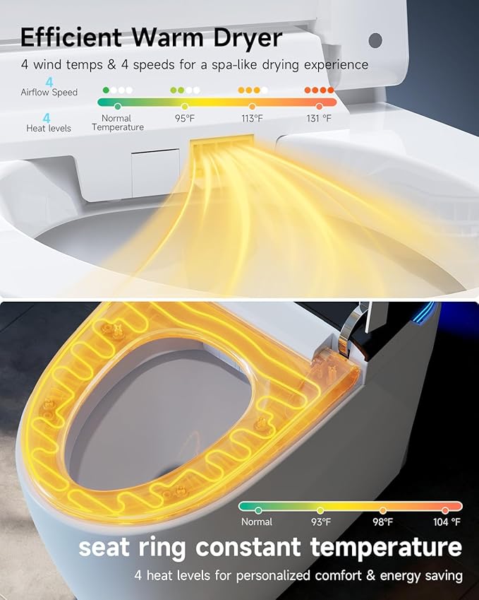 WANSID Luxury Smart Toilet with Bidet Built-In,1.28 GPF Elongated One Piece Toilet for Bathroom, Auto Open/Close, Foot Sensor Operation, Heated Bidet Seat, Warm Water & Dryer, Digital Display