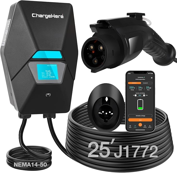 ChargeHere Level 2 EV Home Charger, 240V, 32A/40A | Real-Time Charging Speed Display + Status Light | Up to 7X Faster Charging | Indoor/Outdoor | Wi-Fi App Control | NEMA 14-50 | ETL Certified (40A)