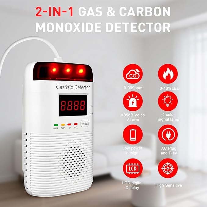 2 Packs Combination Gas & Carbon Monoxide Detectors Plug in, Portable CO Detector with Digital Display Audible & Visual Alarm, Gas & CO Alarm Applicable to for Home, Kitchen, Hotel