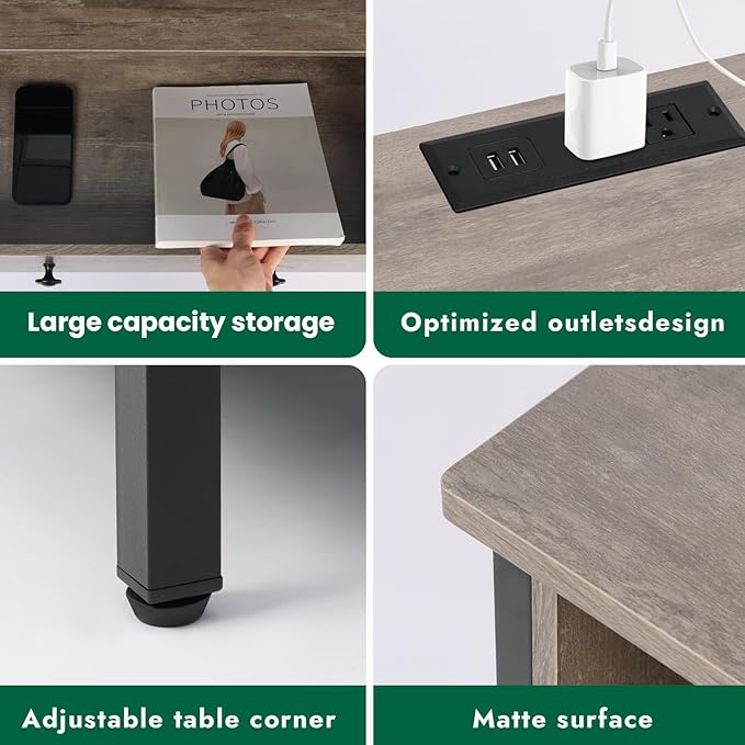 Tykacna 27 Inch Wide Night Stand, Lrage Wood Night Stand Set 2 with 2 Drawers, LED Nightstand with Charging Station and Adjustable Drawer, Bedside Table for Living Room/Bedroom/Study/Office, Gray.