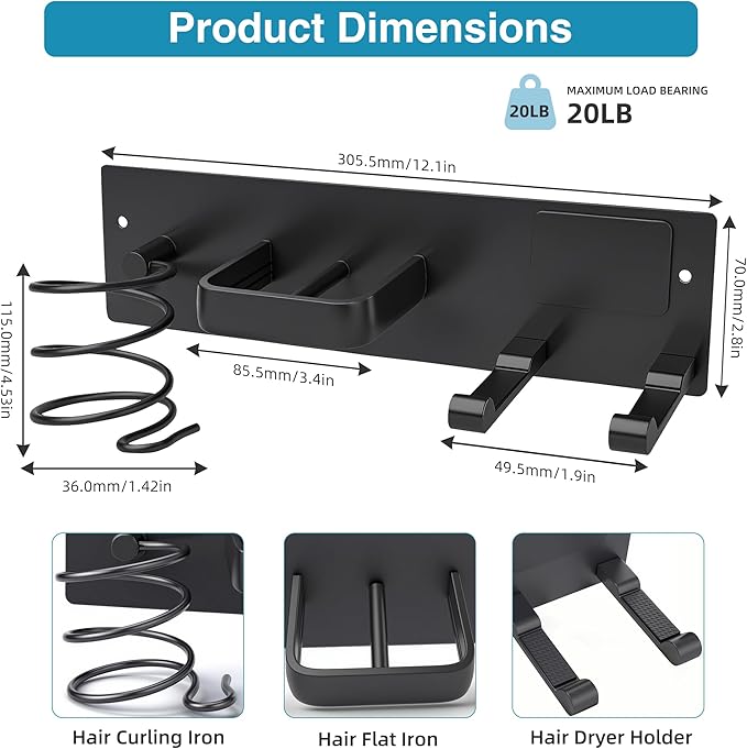 Dovyn Blow Dryer Holder Wall Mount, 3 in 1 Bathroom Hair Tool Organizer with Curling Iron Holder & Flat Iron Holder, Universal Hair Dryer Holder Rack Storage Matte Black