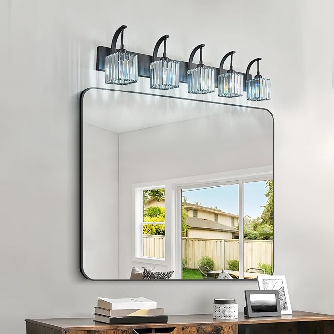FDPBY 5-Light Crystal Vanity Light, Modern Black Bathroom Wall Sconce with K9 Crystal Shades, 42.51" Long Over Mirror Lighting for Vanity, Makeup, Hallway, Elegant & Easy Installation