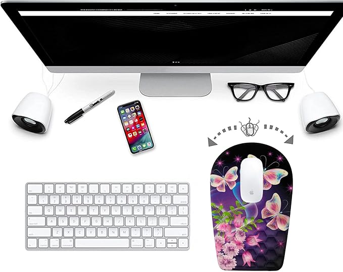 BOCHEERY Ergonomic Mouse Pad Wrist Support,Upgrade Mousepad with Massage Design,Non-Slip PU Base Desktop Mouse Pads for Pain Relief, Computer, Office & Home,12 x 8 in（F-Butterfly with Flower）