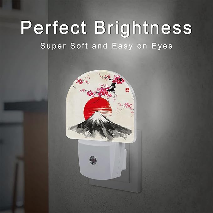 sndheke Cherry Blossoms Sun and Mountain Night Light Plug into Wall, Watercolor Ink Painting Dusk to Dawn Night Light,0.5w Energy Saving Friendly Nightlights for Kids Boys Girls Home