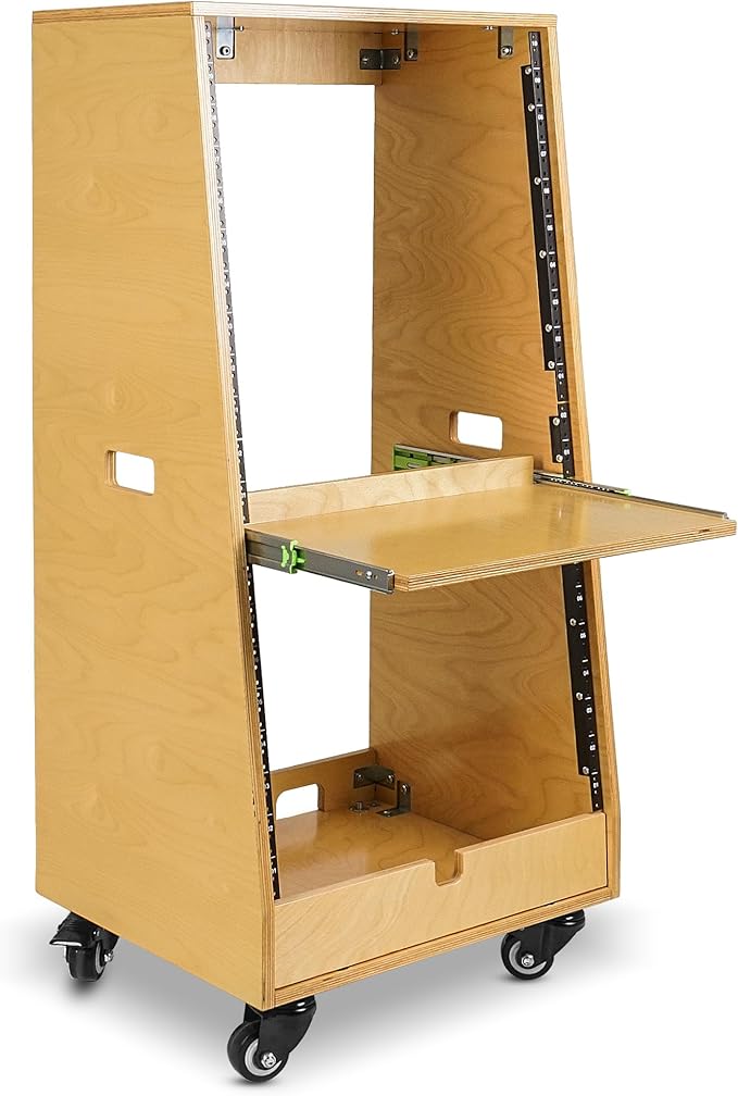 Sound Town DIY Slanted 20U Studio Rack (12U Top + 8U Lower), with 2U Bottom Storage, Slide-Out Tray, Caster, Plywood, Golden Oak For Recording Room, Home Studio (SDRK-ST20T)