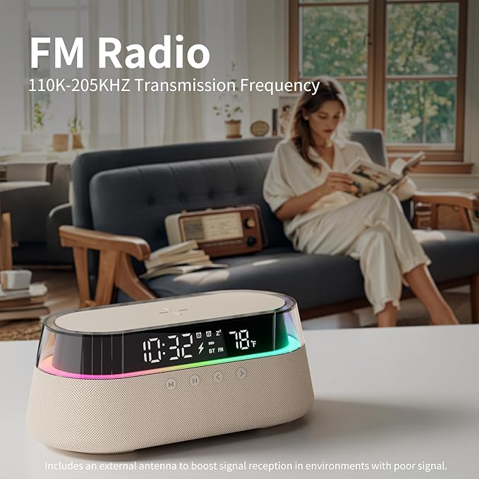 KUANGXIANG 6-in-1 Bluetooth Speaker Alarm Clock with Remote, 15W Fast Wireless Charger, FM Radio & Dimmable LED Night Light, Dual Digital Clock for Bedroom Home Office, Ideal for Him, Men Women