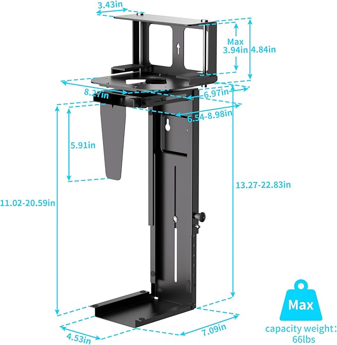 Pholiten Under Desk CPU Mount,Universal Desk Leg CPU Mount,3.94 to 11.61 inch Wide Computer Case CPU Hanger Holder,Table Beam CPU Mount Bracket Computer Tower Wall and Under Counter Holder