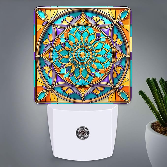 PODMemory Mandala Stained Glass Night Lights Plug into Wall for Room, Mandala Night Light LED for Bedroom