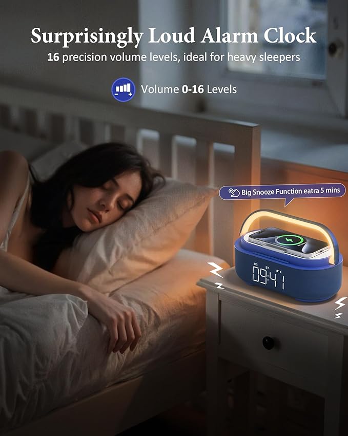 COLSUR Bluetooth Speaker Alarm Clock with Wireless Charger, FM Radio, Adjustable LED Night Light, 6 in 1 Bedroom Portable Speaker 2500mAh, Phone Stand for Bedside, Home, Office, Gift (Blue)