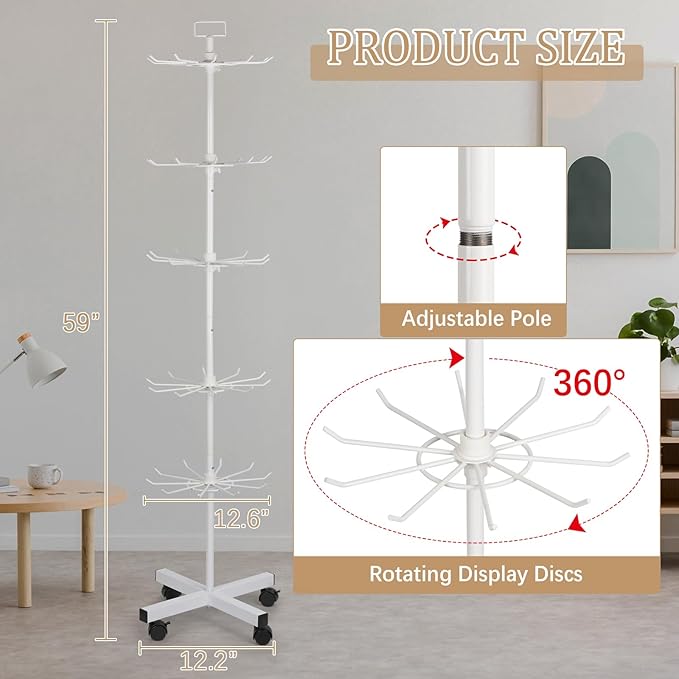 Exttlliy 5-Tier Metal Spinning Display Stand Rack with Wheels, Keychain Jewelry Stocking Hat Display Stand, White