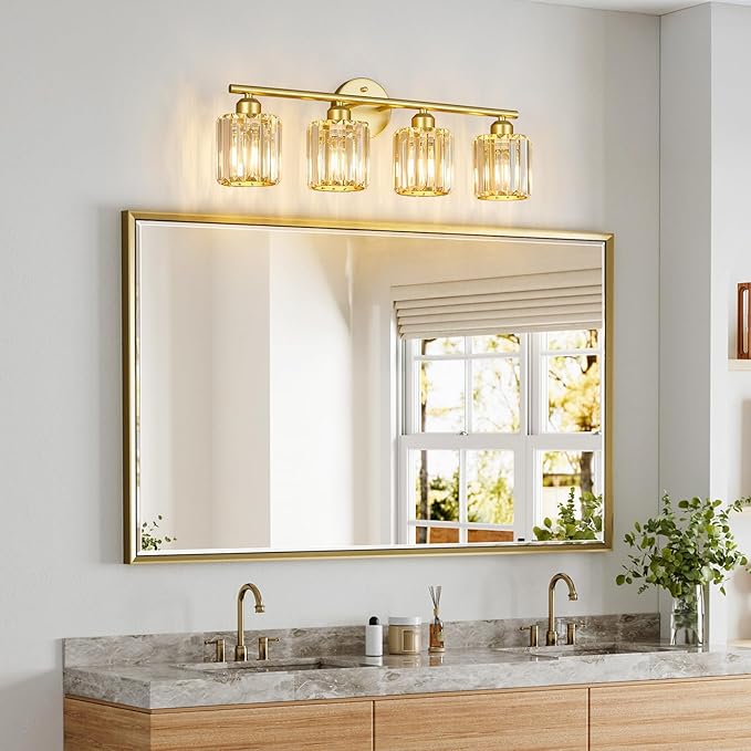 FDPBY Modern 4 Light Crystal Vanity Light, Gold Vertical Bathroom Light Fixture Over Mirror for Dressing Table Sink, Compatible with Dimmable Bulbs (Bulbs Not Included)