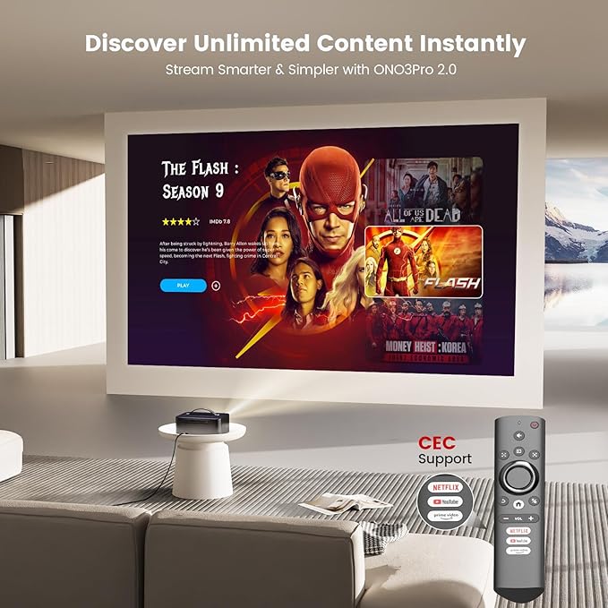 Projector-4K with WiFi and Bluetooth:[2000 ANSI/AI Auto Focus/Built-in APPs]Outdoor-Projector Smart TV OS 2.0 & DoIby, Portable Proyector Compatible with Netflix/YouTube/PrimeVideo, ONOAYO ONO3Pro 2.0