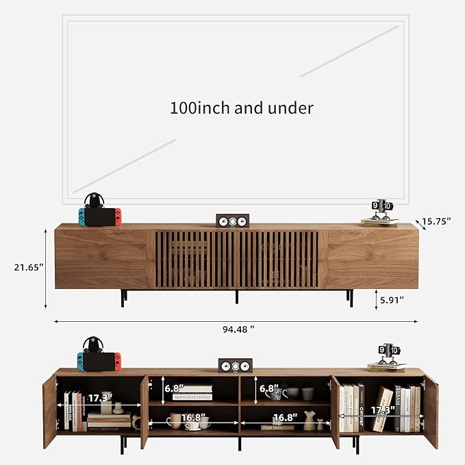 gaoyangjiaju Modern Walnut TV Console for 70 Inch Screen – Long 94.48” Media Unit with Grille Doors and Storage Cabinets, Great for Living Rooms & Bedrooms