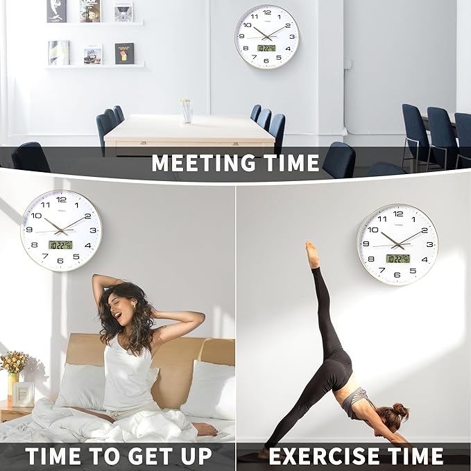 TIMESS Wall Clock, 14" Large Dial Non-Ticking Silent Battery Operated Analog with LCD Display for Perpetual Calendar and F° Temperature, Ideal Modern Home, Bedroom, Office Decor (Gold)