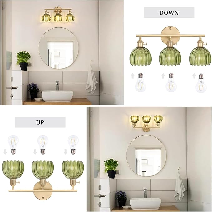 Shenmoyl Bathroom Light Fixtures, 3-Light Brass Vanity Wall Light Over Mirror with Green Tulip Glass Shade for Bedroom Living Room (Bulb Not Included)