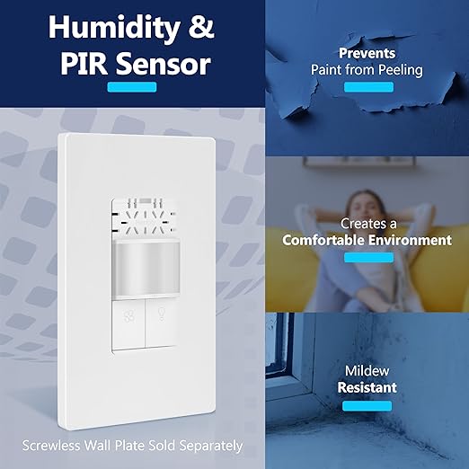 LIDER Humidity Sensor Switch and Motion Sensor Light Switch, PIR Sensor, Humidity Detection, Occupancy/Vacancy, No Neutral Required, ¼ HP, 1-Pole, UL Listed, White, Wall Plate Included