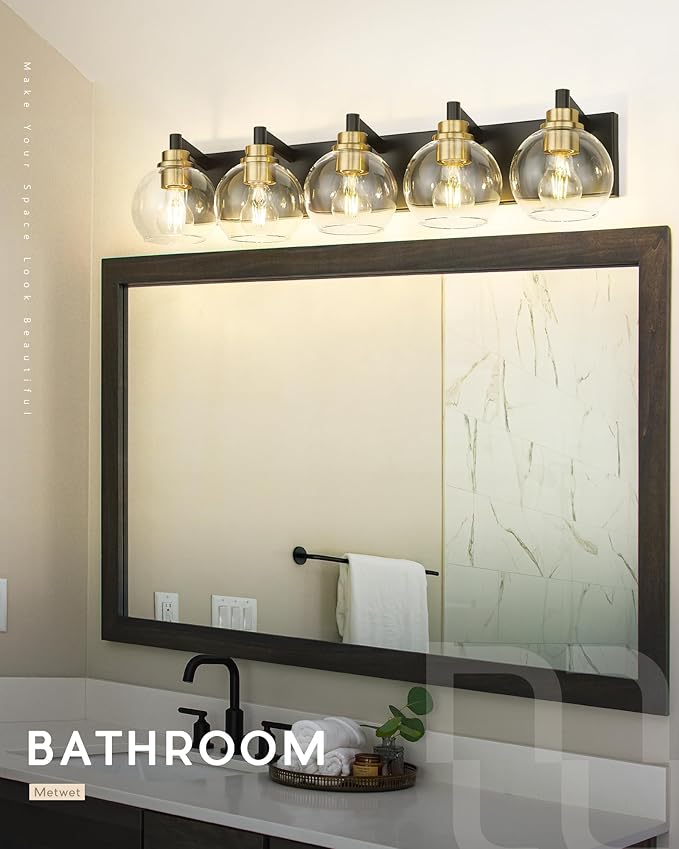 METWET Bathroom Light Fixtures, 5-Light Black and Gold Bathroom Vanity Light, 32 Inch Modern Wall Sconces with Globe Clear Glass Shade, Vanity Lighting Fixtures Over Mirror, VL195-KG-5