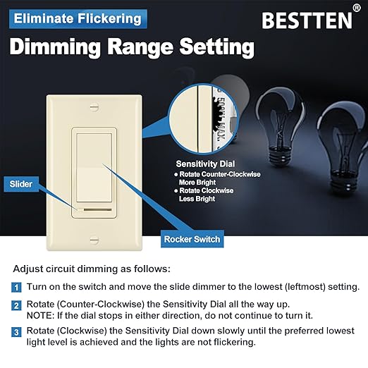 BESTTEN 2 Pack Almond Dimmer Wall Light Switch, Compatible with Dimmable LED, CFL, Incandescent and Halogen Bulb, Single Pole or 3-Way Dimmer Switches, 120VAC, Decorator Wall Plate Included