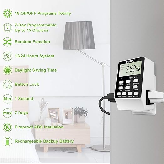 [2 Pack] Outlet Timer, NEARPOW Dual Digital Light Timer with 2 Independently-Controlled Outlets, 18 ON/Off Programs, 24-Hour and 7-Day Programmable,Indoor Electrical Timer Switch, 3 Prong, 15A/1800W