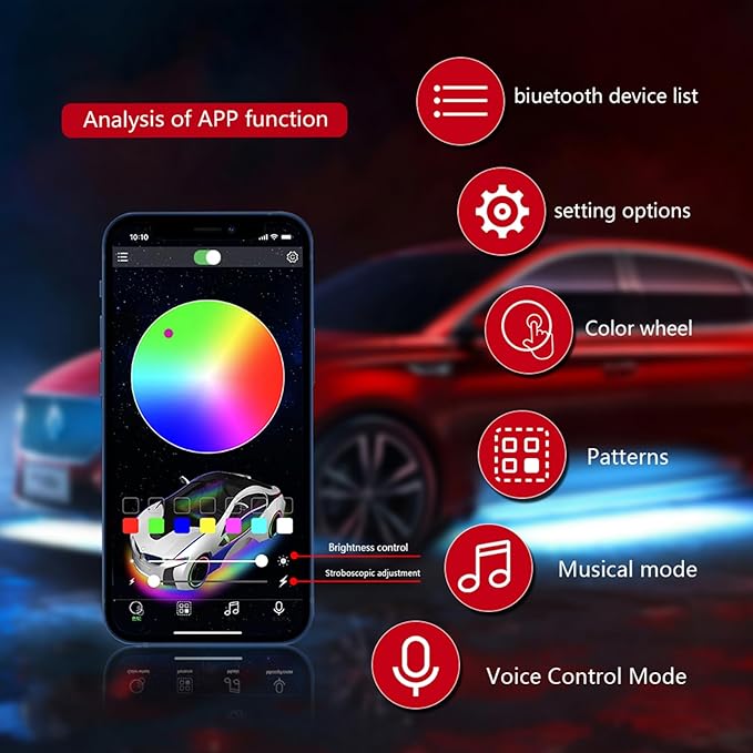 Goodream Car Underglow Kit, 12V 6 pcs RGB Led Lights Strip Neon Ambient Sets with Turn Signal for Cars, SUV, Truck Exterior Chassis Colorful Glow Accessories Controlled by APP, Sync to Music