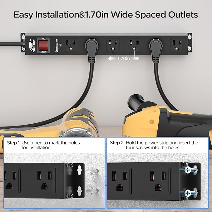 CRST 6 Outlet Heavy Duty Power Strip with Switch, 15A/1875W Metal Mountable Power Strip Surge Protector 2100Joules, Wide Spaced Power Bar for Garage Worshop Home School, 6 FT Cord