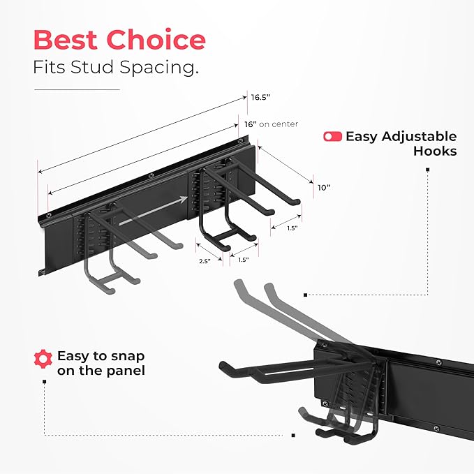 TIDYME Garage Wall Organizer | 64" Heavy-Duty Tool Storage Rack | Adjustable Double-Layer Hooks | 400 lbs Capacity | Carbon Steel Wall Mount Holder for Shovels, Rakes, Ladders & Power Tools