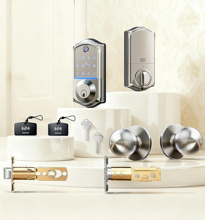 Veise VE017-K Fingerprint Smart Lock with 2 Knobs, App Control, Keyless Entry Front Door Lock with Handle Set, Electronic Digital Touchscreen Keypad Deadbolt, IP55 Waterproof, Auto-Lock, Satin Nickel