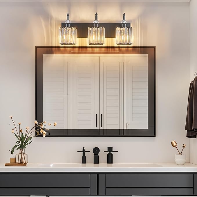 BBLLWJ Modern Bathroom Vanity Light 3-Light Black Crystal Light Fixtures Over Mirror for Bathroom Wall Sconce