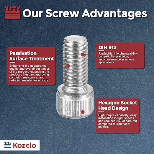 Kozelo 8pcs Socket Head Cap Screws - [M12-1.75 x 25mm] 304 Stainless Steel Allen Socket Drive for Electrical Motor 3D Printing Fan Engine Replacement Use, Silver