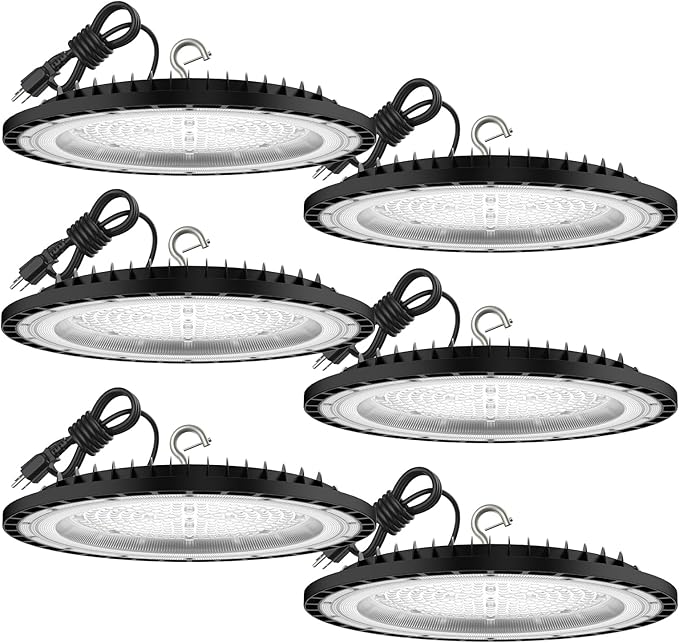 SOUTHLEVY 6 Pack UFO 200W LED High Bay Light,5000K,28,000LM, 5 ft Cable with US Plug UL Certified Plug, IP65 Commercial Warehouse Area Light for Wet Location Area, Workshop, Garage