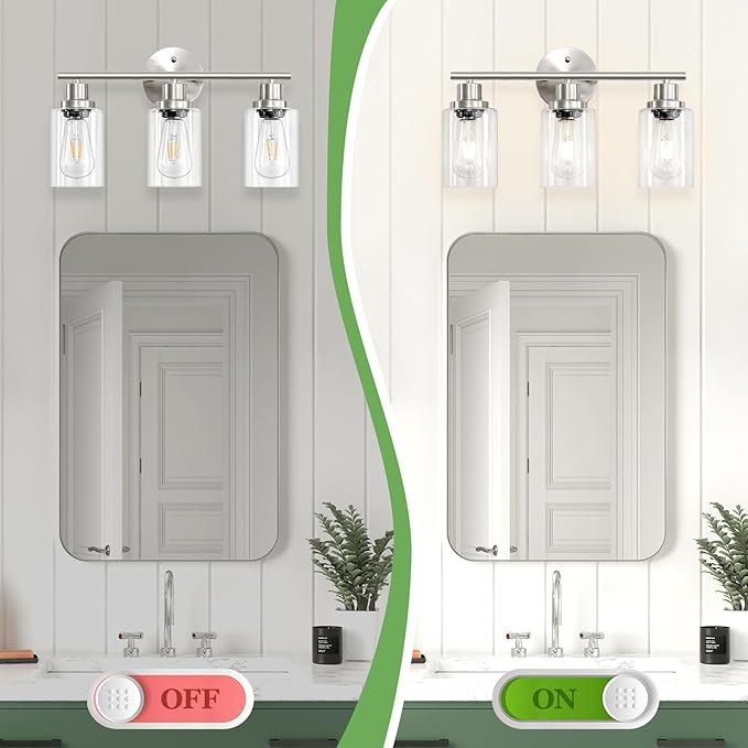 Guliaofo 3-Light Brushed Nickel Vanity Lights, E26 Modern Bathroom Light Fixtures with Clear Glass Shade, Wall Lamps for Mirror Kitchen Hallway Cabinet Living Room Sconces Lights