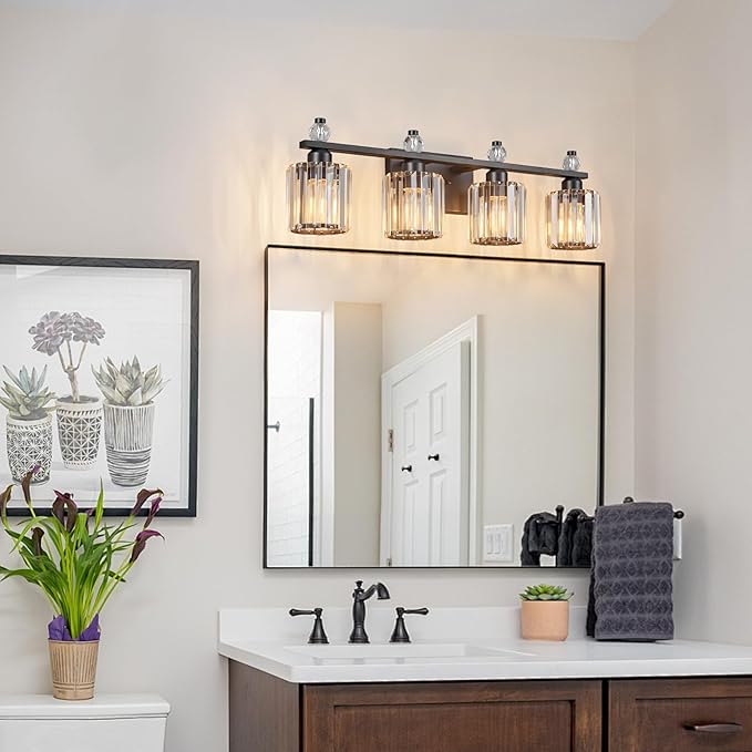 FDPBY Bathroom Vanity Lights 4-Light Sand Black Modern Crystal Vanity Light Fixtures Over Mirror Crystal Bathroom Vanity Lighting Fixtures