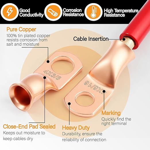 20PCS 4 AWG 5/16 3/8 inch Battery Cable Lugs,4 gauge Copper Crimp Connector Ring Terminal Wire Ends with 20pcs 3:1 Adhesive Heat Shrink Tubing in Dual-neck bottle
