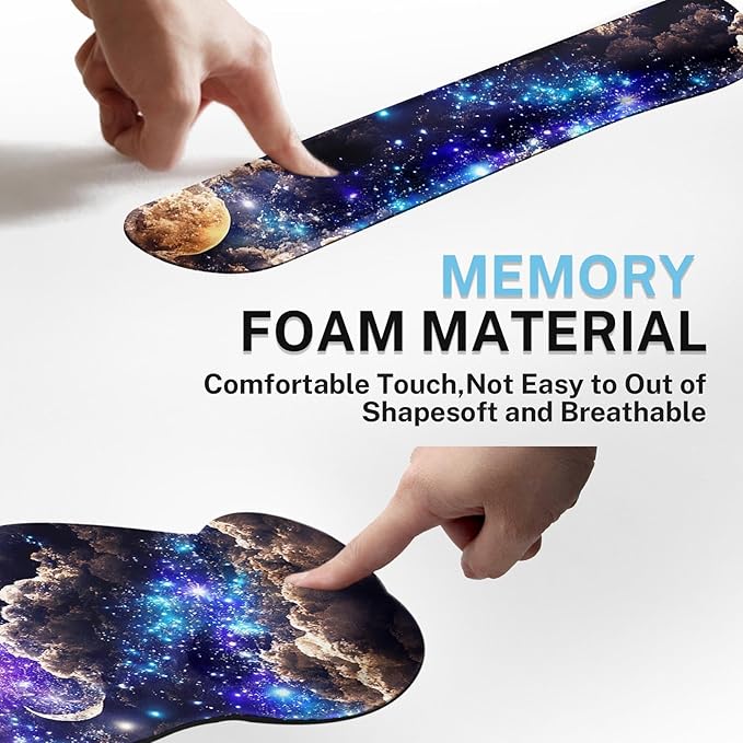 Britimes Moon Space Night Keyboard Mouse Pad Set Blue Cute Cloud 4in1 Large Mousepad+Keyboard Wrist Rest+Mouse Wrist Rest+Coaster Ergonomic Design for Home Office Computer 35.4x15.7 inches