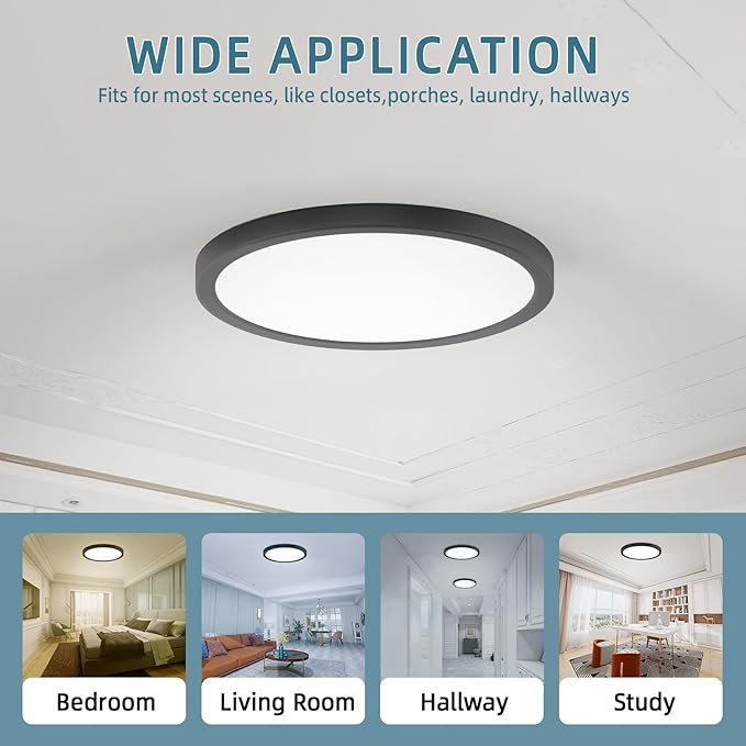 TOPELER Black 12" Slim Surface LED Ceiling Light, 28W 2400Lm, 5CCT Selectable Flushmount Round Flat Panel Lights for Bedroom, Porch, Hallway, Stairwells, ETL & FCC Listed, 2Pack