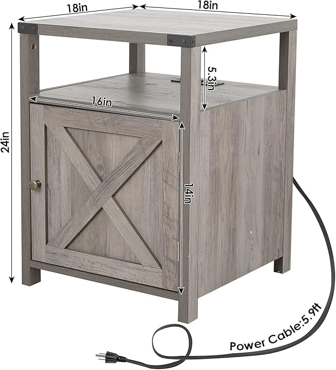 HOSEOKA Farmhouse Nightstand with Charging Station, Rustic End Table Bedroom with Storage Living Room Side Table Grey Night Stand Industrial Bedside Bed Table with USB Ports and Outlets