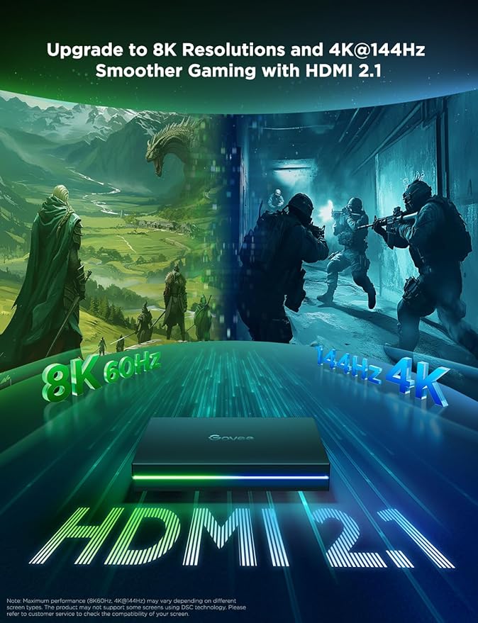 Govee HDMI 2.1 Sync Box 2, AI Sync Box with TV Backlight, Supports 8K@60Hz, 4K@144Hz, VRR and ALLM, Works with SmartThings, Matter and Alexa, RGBIC LED Light Strip for 75-85 inch TVs, 75 LEDs/m